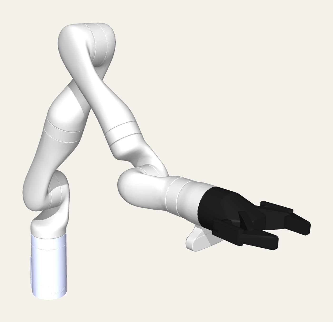Rendered MuJoCo simulation model of a Kinova Gen3 arm with a Robotiq gripper, posed elbow-up on a plain paper-coloured background