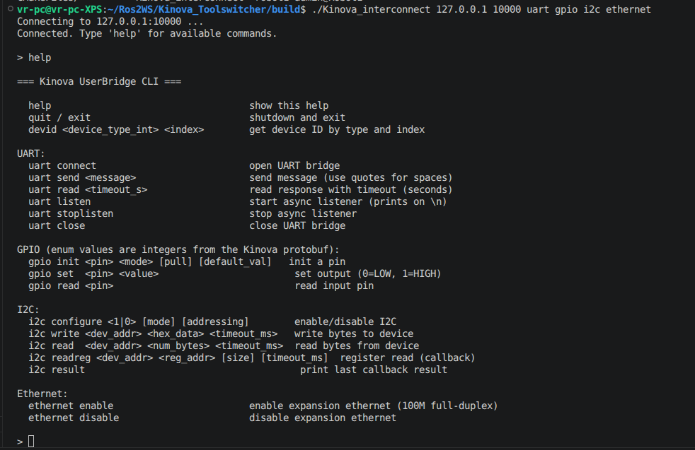 Terminal session showing the Kinova UserBridge CLI with UART, GPIO, I2C and Ethernet commands